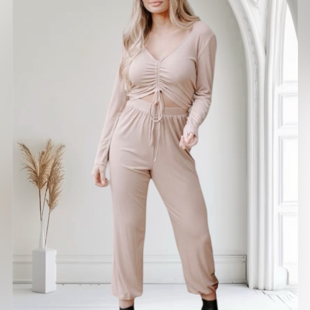 Kittenish Womens Taupe Ribbed Knit Essential Cut Out Jumpsuit Size M